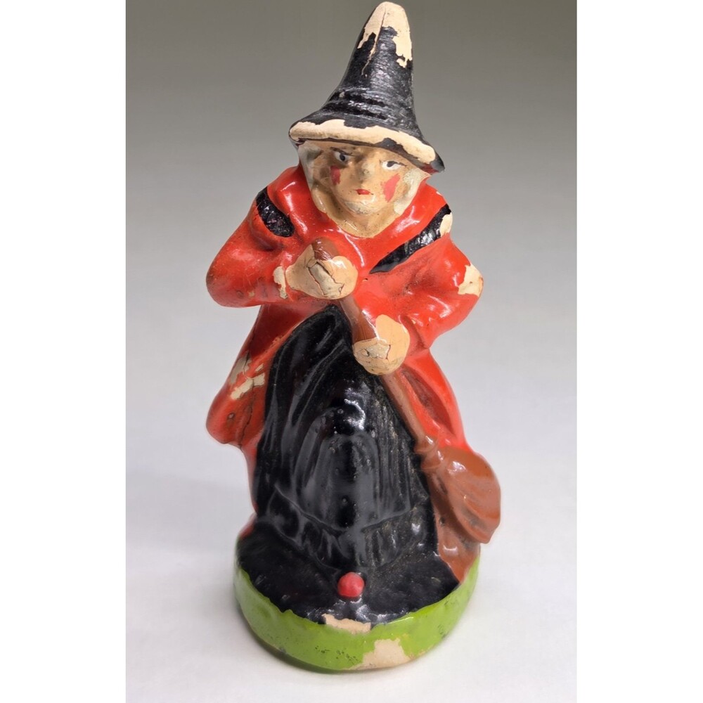 Vintage Halloween Witch With Broom German Chalkware Folk Art Germany 3" Rare